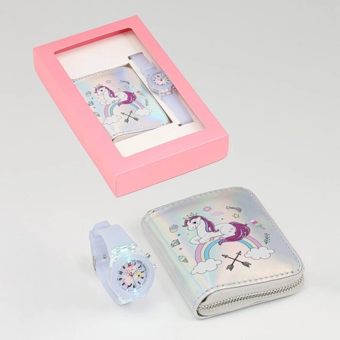 Детский подарочный набор для девочек "Единорожка" 2 в 1: наручные часы, кошелёк от компании Интернет - магазин Flap - фото 1