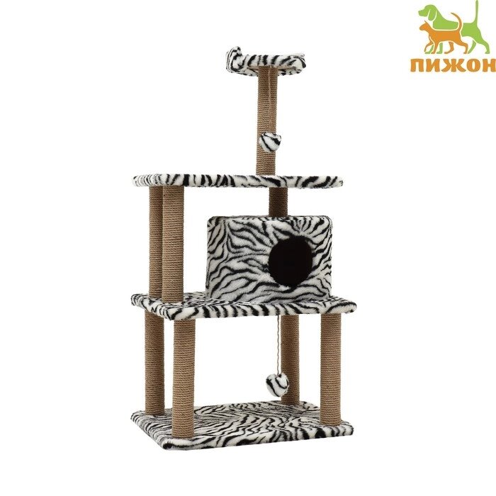 Домик для кошек с когтеточкой, круглый с игрушками, 65 х50 х 130 см, зебра от компании Интернет - магазин Flap - фото 1
