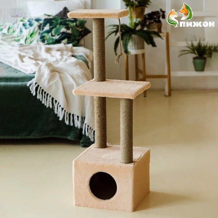 Домик для кошек с когтеточкой, с двумя полками, джут, 37 х 37 х 111 см, бежевый от компании Интернет - магазин Flap - фото 1
