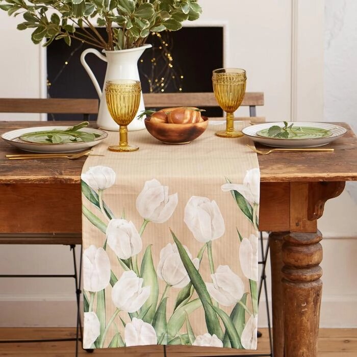 Дорожка на стол "Этель" Белые тюльпаны 40х149см, 100% хл, саржа 190 г/м2 от компании Интернет - магазин Flap - фото 1