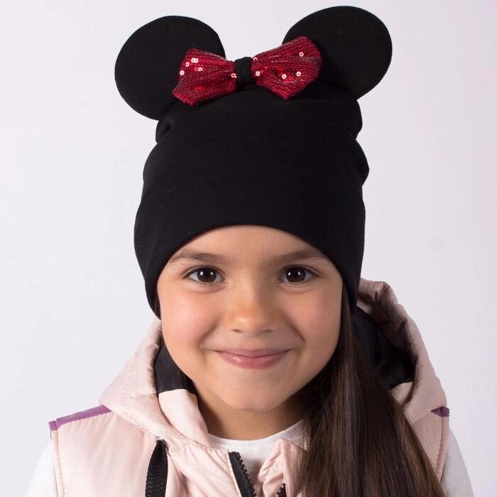 Двухслойная шапка «Мышка», цвет чёрный/красный бант, размер 50-54 от компании Интернет - магазин Flap - фото 1