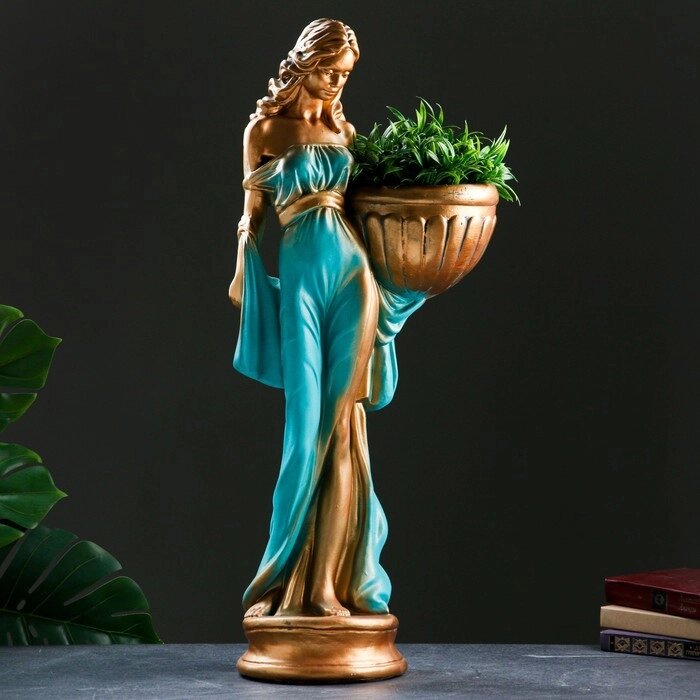 Фигура с кашпо "Девушка в платье" бронза голубой-зеленый, 1,2 л / 21х84х34см от компании Интернет - магазин Flap - фото 1
