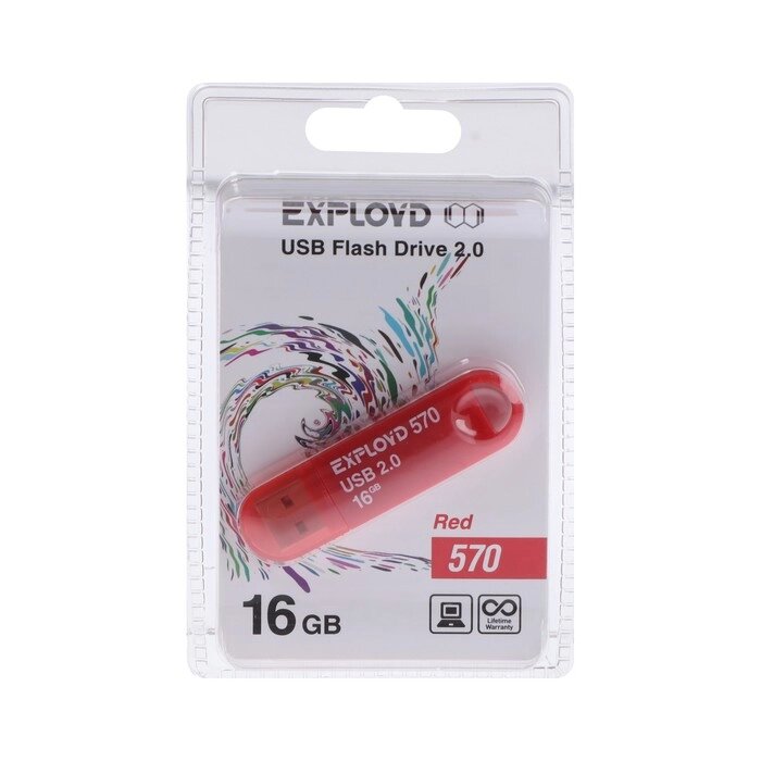 Флешка Exployd 570, 16 Гб, USB2.0, чт до 15 Мб/с, зап до 8 Мб/с, красная от компании Интернет - магазин Flap - фото 1