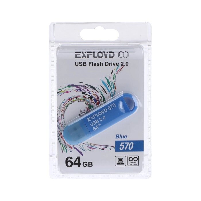 Флешка Exployd 570, 64 Гб, USB2.0, чт до 15 Мб/с, зап до 8 Мб/с, синяя от компании Интернет - магазин Flap - фото 1