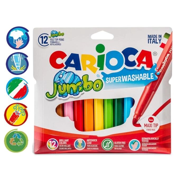 Фломастеры 12 цветов Carioca Jumbo, 5.0 мм, утолщенные, смываемые, увеличенный ресурс, суперяркие, европодвес от компании Интернет - магазин Flap - фото 1