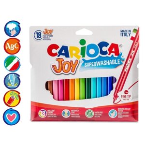 Фломастеры 18 цветов, Carioca "Joy", тонкий наконечник, увеличенный ресурс, суперяркие, легко смываемые и нетоксичные