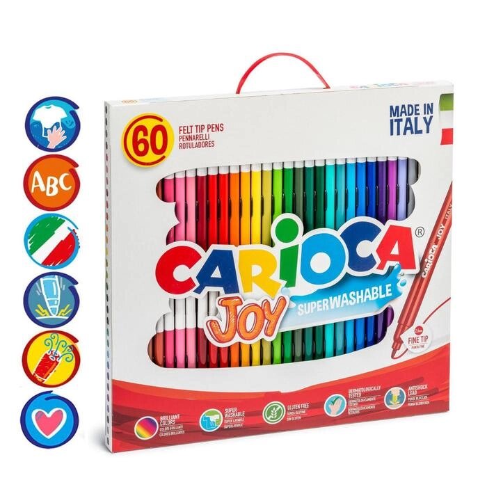 Фломастеры 30 цветов Carioca "Joy" 2.6 мм, набор 60 штук, смываемые, картон, чемоданчик с ручкой от компании Интернет - магазин Flap - фото 1