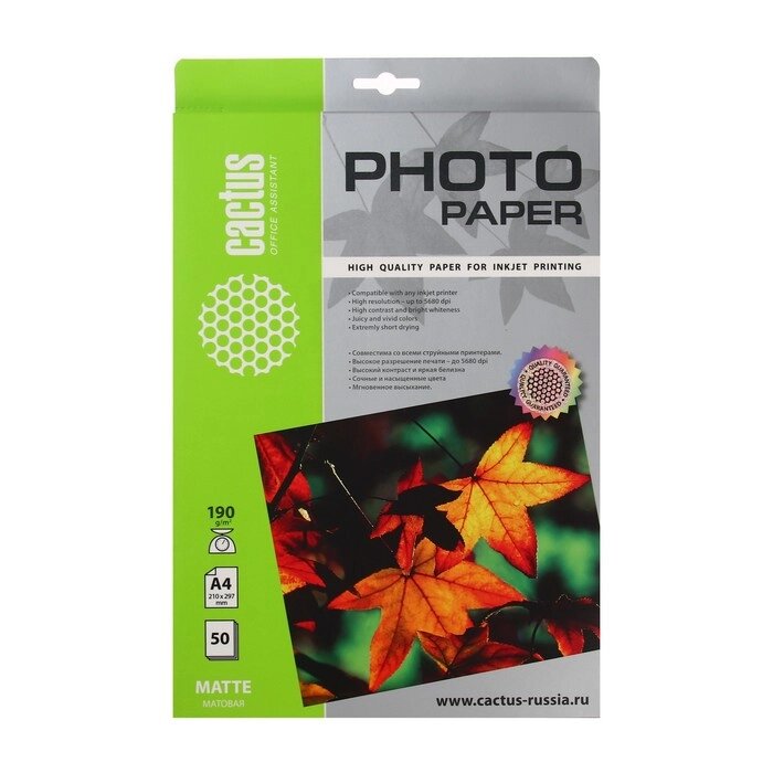 Фотобумага для струйной печати А4, 50 листов Cactus, 190 г/м2, односторонняя, матовая от компании Интернет - магазин Flap - фото 1