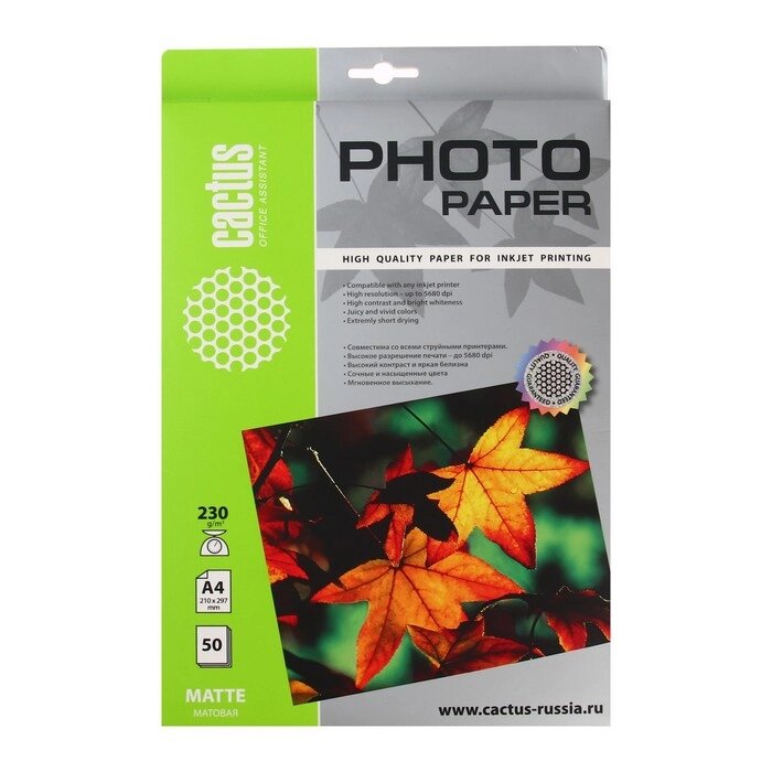 Фотобумага для струйной печати А4, 50 листов Cactus, 230 г/м2, односторонняя, матовая от компании Интернет - магазин Flap - фото 1
