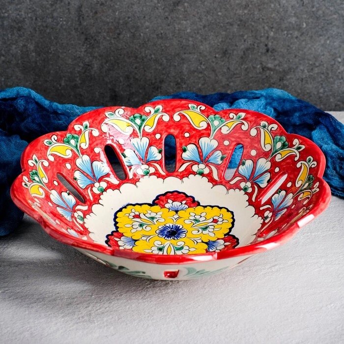 Фруктовница Риштанская Керамика "Цветы", 28 см, красная от компании Интернет - магазин Flap - фото 1