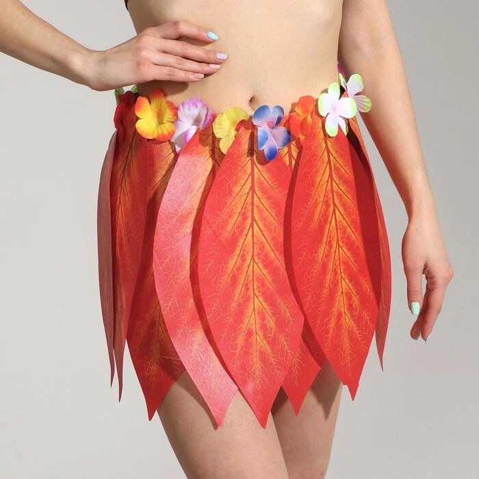 Гавайская юбка «Листики красные и цветочки» 36 см от компании Интернет - магазин Flap - фото 1