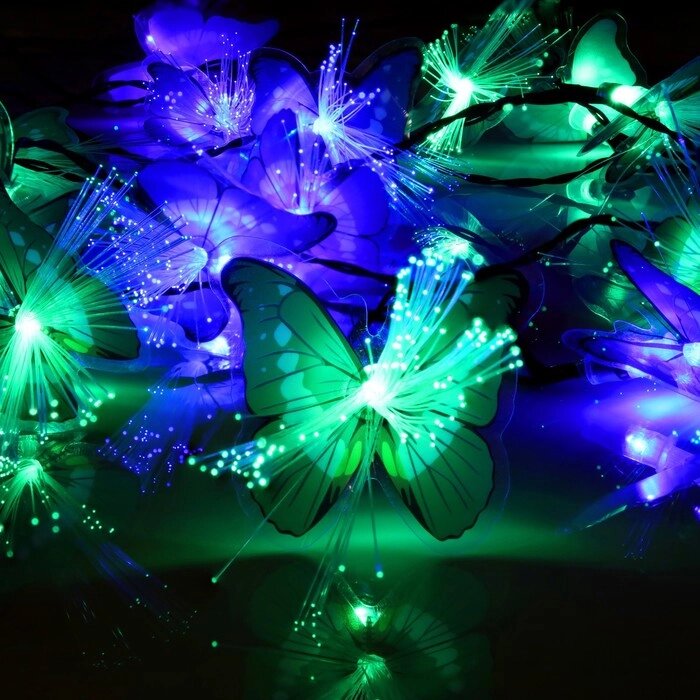 Гирлянда «Нить» 4.5 м с насадками «Бабочки», IP44, тёмная нить, 30 LED, свечение синее/зелёное, 2 режима, солнечная от компании Интернет - магазин Flap - фото 1