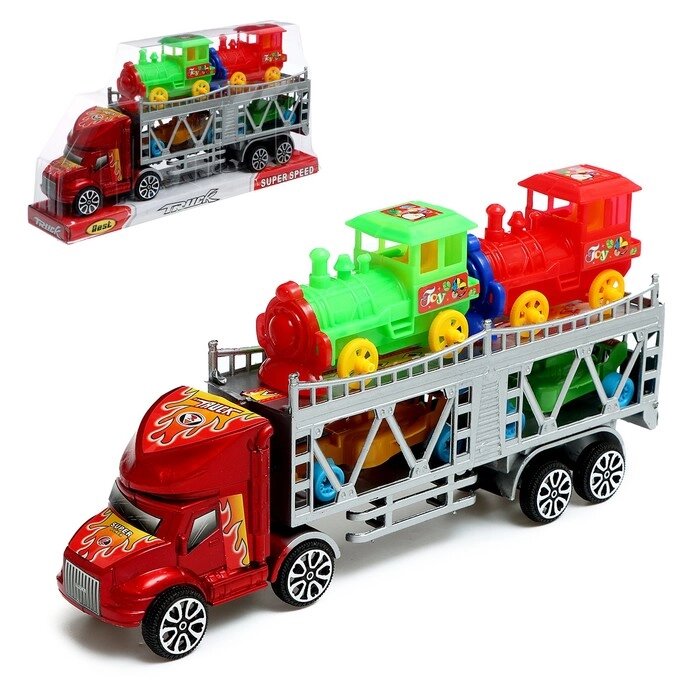 Грузовик инерционный «Автовоз», 2 машинки и 2 паровоза, цвета МИКС от компании Интернет - магазин Flap - фото 1