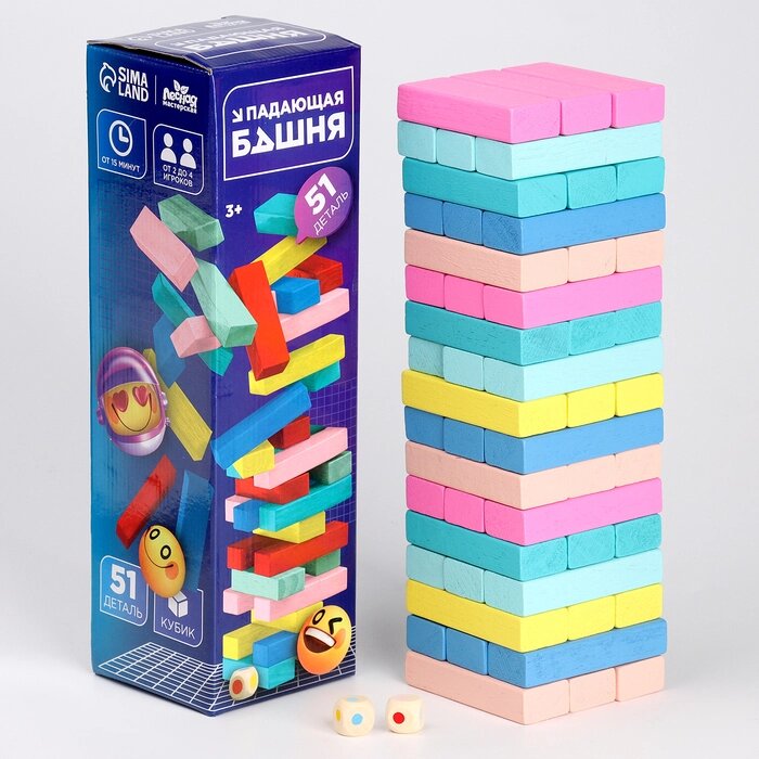 Игра настольная «Падающая башня цветная» 51 шт, 28,5х8,5х8 см от компании Интернет - магазин Flap - фото 1