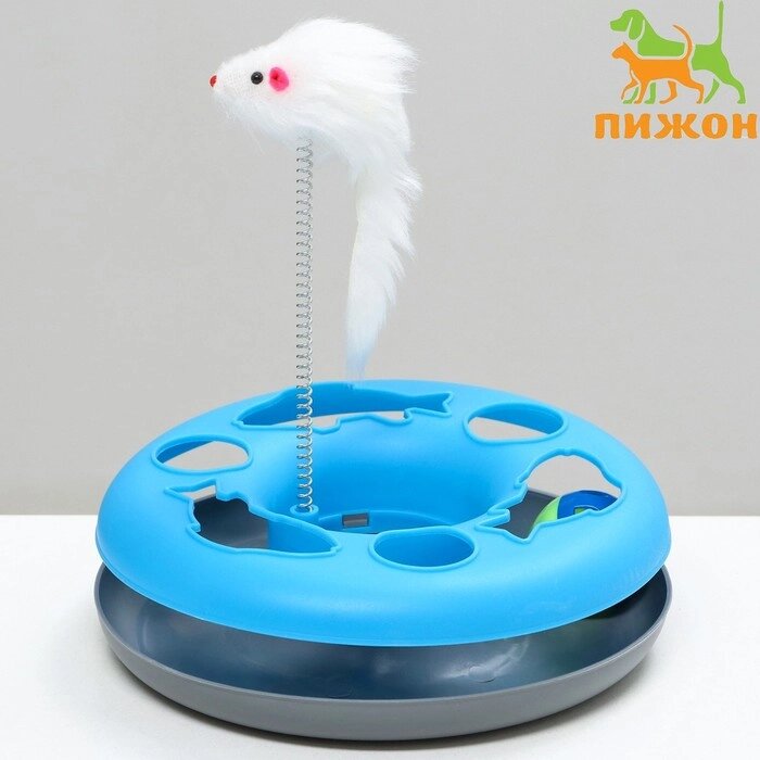 Игрушка для кошек "Загадочный круг - Рыбки", мышь на пружине и шарик, 23 х7 см, голубая/серая от компании Интернет - магазин Flap - фото 1