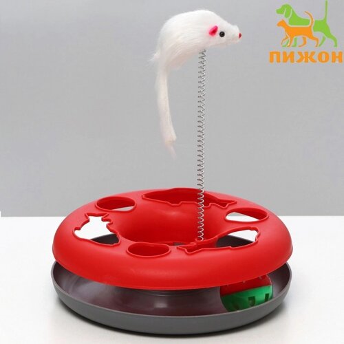 Игрушка для кошек "Загадочный круг - Рыбки", мышь на пружине и шарик, 23х7 см, красная/серая