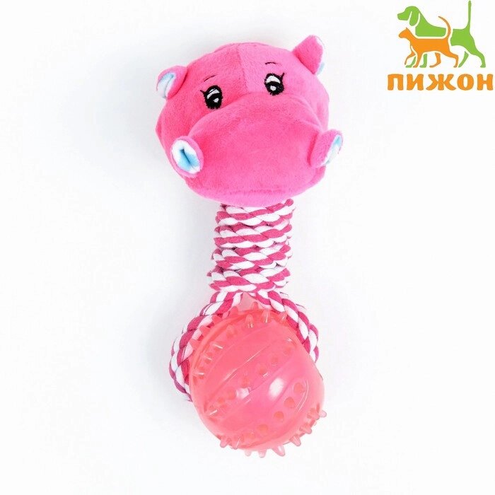 Игрушка для собак 3-в-1 "Бегемот": канатная, мягкая с пищалкой, мяч TPR, 20 см, розовая от компании Интернет - магазин Flap - фото 1