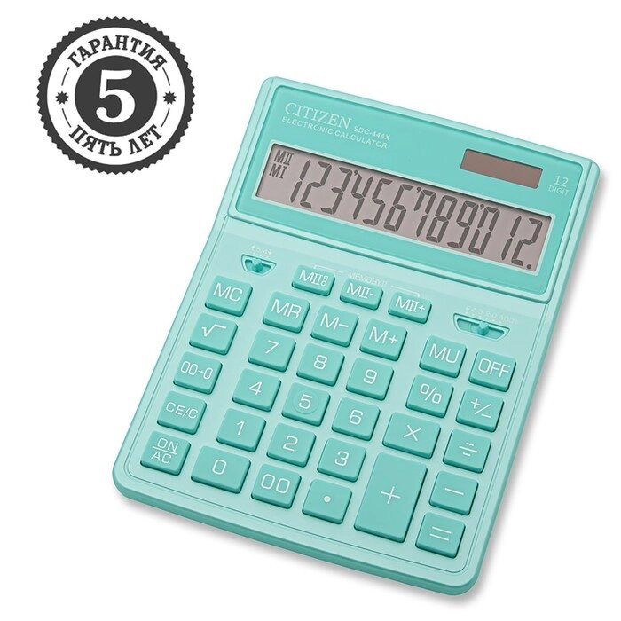 Калькулятор настольный Citizen "SDC-444XRGNE", 12-разрядный, 155 х 204 х 33 мм, двойное питание, бирюзовый от компании Интернет - магазин Flap - фото 1