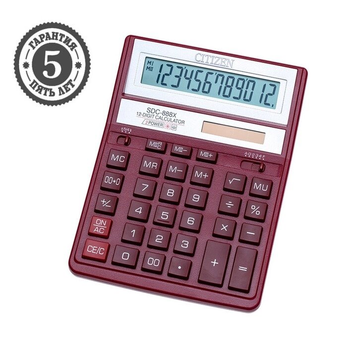 Калькулятор настольный Citizen "SDC-888XRD", 12-разрядный, 158 х 203 х 31 мм, двойное питание, красный от компании Интернет - магазин Flap - фото 1