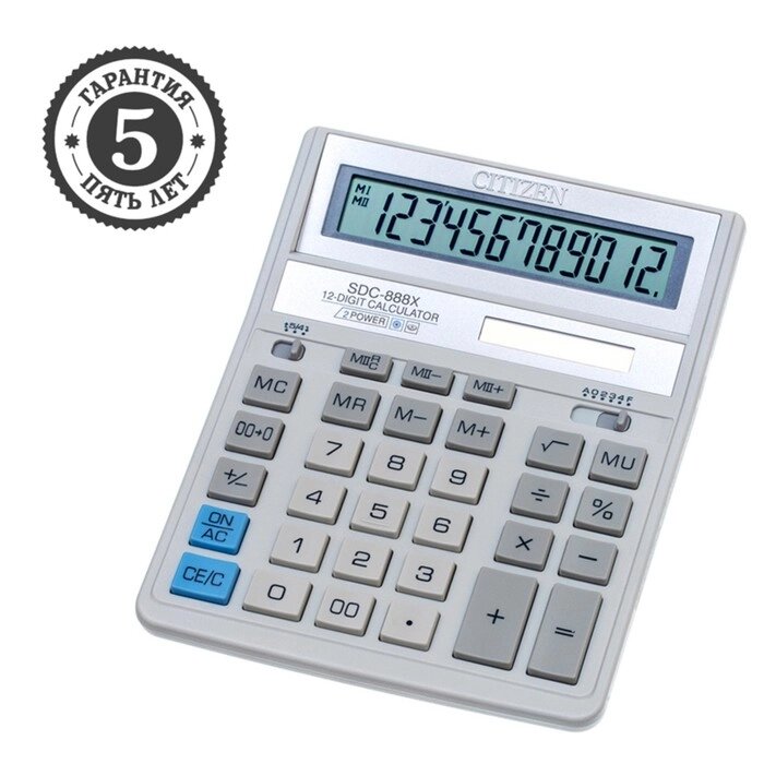 Калькулятор настольный Citizen "SDC-888XWH", 12-разрядный, 158 х 203 х 31мм, двойное питание, белый от компании Интернет - магазин Flap - фото 1