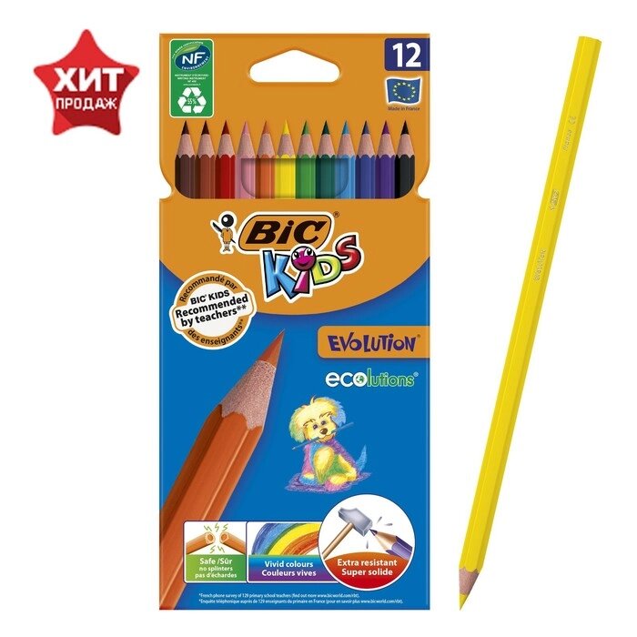 Карандаши 12 цветов BIC Kids Evolution ECOlutions, детские, ударопрочные, пластиковые от компании Интернет - магазин Flap - фото 1