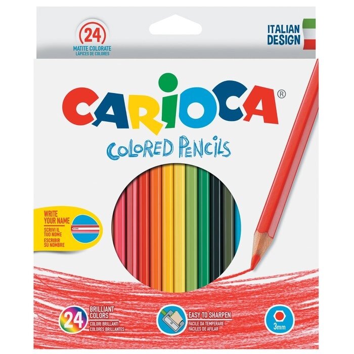 Карандаши 24 цвета Carioca, шестигранные, деревянные, грифель 3 мм, картонная упаковка, точилка в ПОДАРОК от компании Интернет - магазин Flap - фото 1