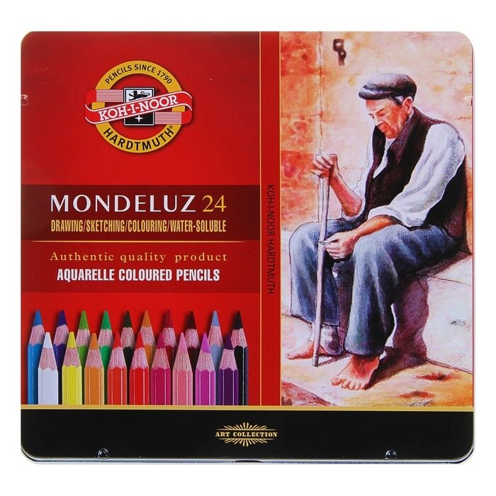 Карандаши акварельные набор 24 цвета, Koh-I-Noor Mondeluz 3724, в металлическом пенале от компании Интернет - магазин Flap - фото 1