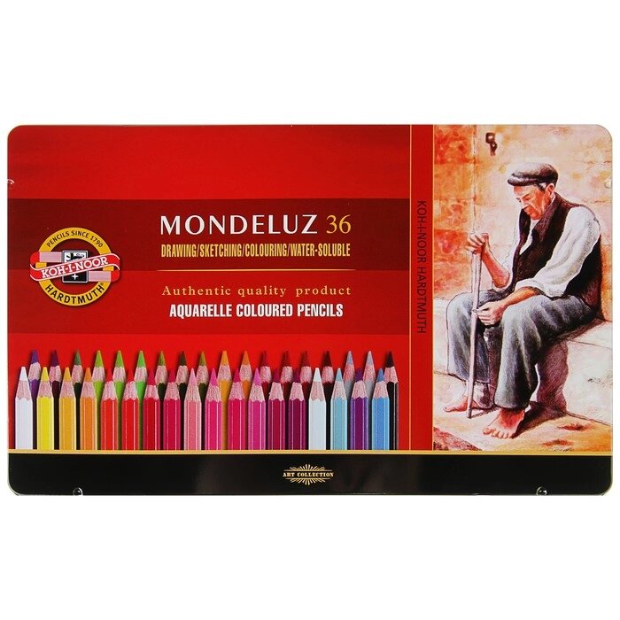Карандаши акварельные набор 36 цветов, Koh-I-Noor Mondeluz 3725, в металлическом пенале от компании Интернет - магазин Flap - фото 1