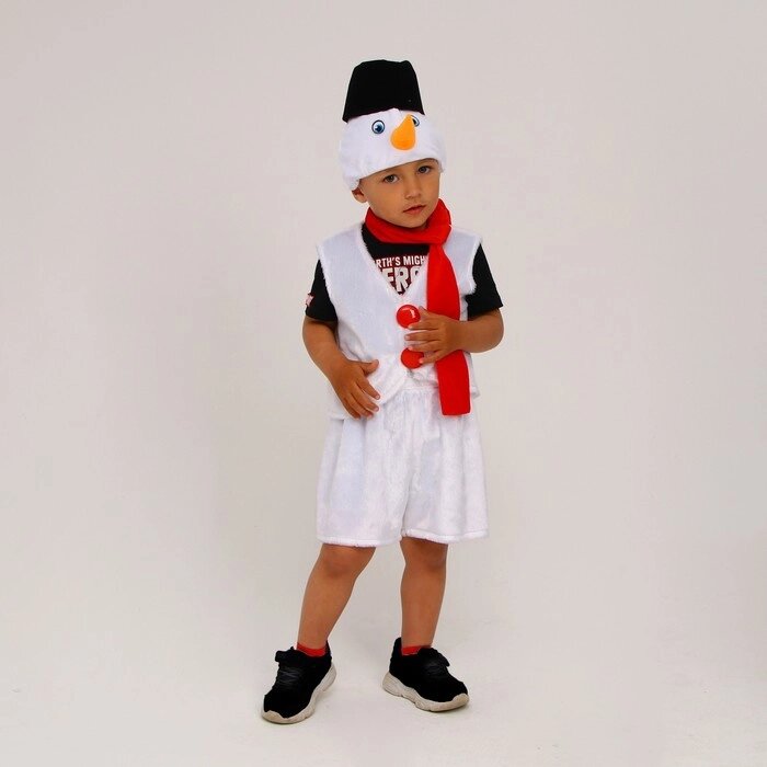 Карнавальный костюм «Снеговик» меховой: шорты, жилет, шарф, шапка с ведром, р. 28, рост 98–104 см от компании Интернет - магазин Flap - фото 1