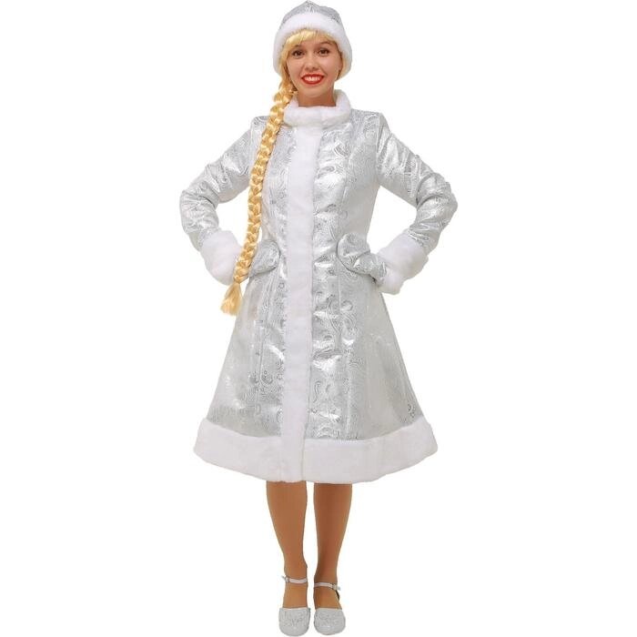 Карнавальный костюм «Снегурочка», шубка из парчи, шапочка, рукавички, цвет серебристый, р. 50 от компании Интернет - магазин Flap - фото 1