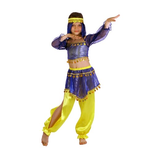 Карнавальный костюм "Восточная красавица. Шахерезада", топ с рукавами, штаны, повязка, цвет сине-жёлтый, р-р 30, рост