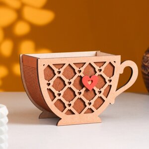 Кашпо деревянное 18.38.111 см уникальное "Чашечка чая, с сердцем", морёный