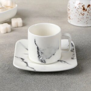 Кофейная пара фарфоровая «Мрамор», 2 предмета: чашка 90 мл, блюдце d=11,2 см, цвет белый (комплект из 12 шт.)