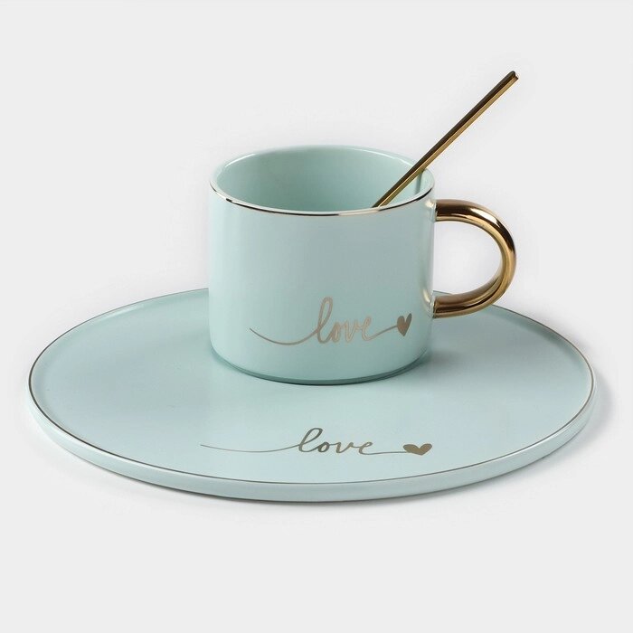 Кофейная пара керамическая «Любовь», 3 предмета: кружка 200 мл, блюдце d=20 см, ложка h=14 см, цвет голубой от компании Интернет - магазин Flap - фото 1