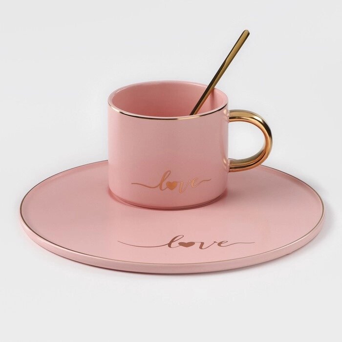 Кофейная пара керамическая «Любовь», 3 предмета: кружка 200 мл, блюдце d=20 см, ложка h=14 см, цвет розовый от компании Интернет - магазин Flap - фото 1