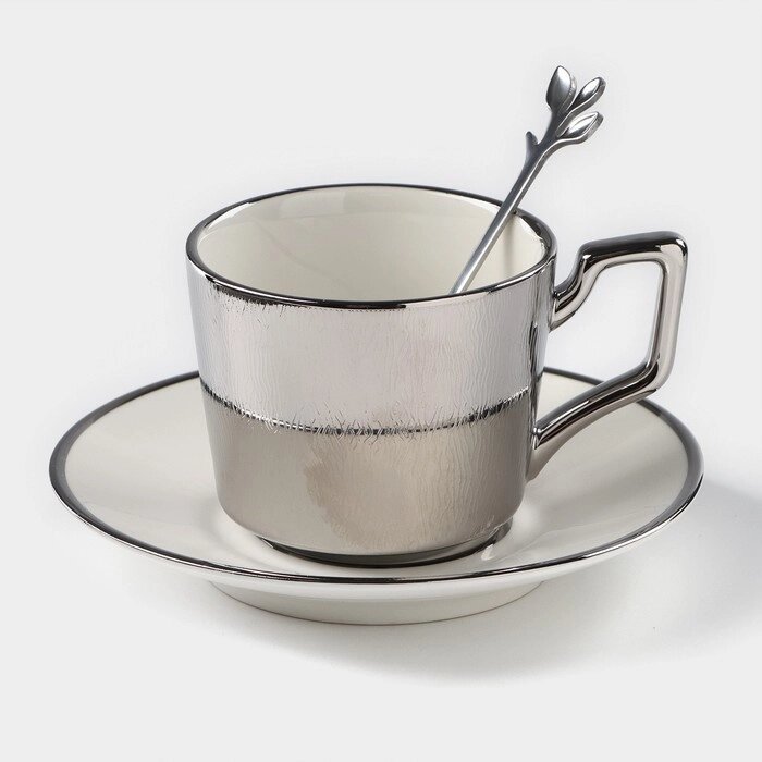 Кофейная пара керамическая «Серебро», 3 предмета: чашка 200 мл, блюдце d=14 см, ложка h=12,5 см, цвет серебряный от компании Интернет - магазин Flap - фото 1