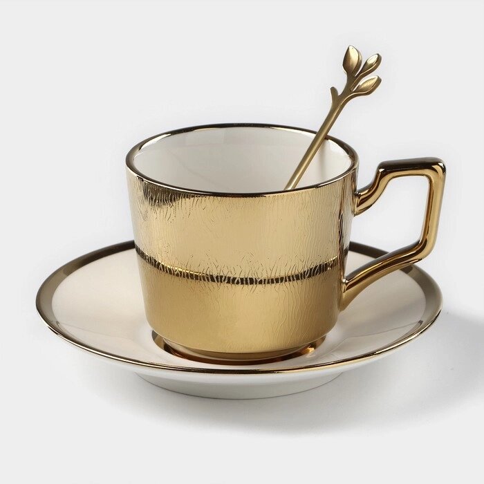 Кофейная пара керамическая «Золото», 3 предмета: чашка 200 мл, блюдце d=14 см, ложка h=12,5 см, цвет золотой от компании Интернет - магазин Flap - фото 1