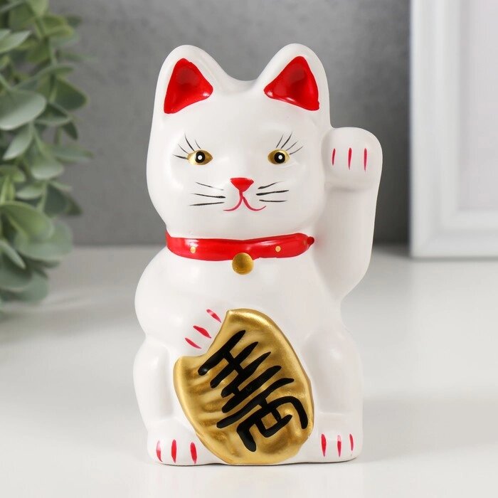 Копилка керамика "Белый кот Манэки-нэко с колокольчиком" 8х7,5х13 см от компании Интернет - магазин Flap - фото 1