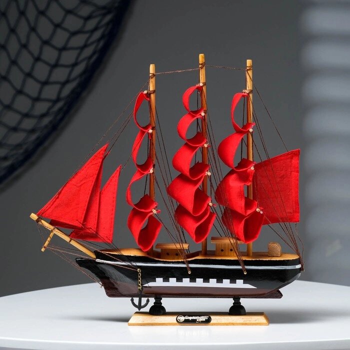 Корабль сувенирный средний «Флора», борта чёрные с белой полосой, паруса алые, 32х6,5х31 см от компании Интернет - магазин Flap - фото 1