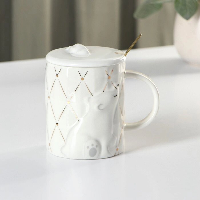 Кружка керамическая с крышкой и ложкой «Мишка», 350 мл, цвет белый от компании Интернет - магазин Flap - фото 1