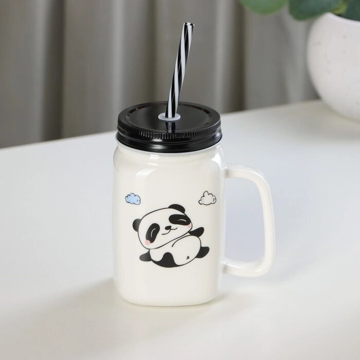 Кружка керамическая с металлической крышкой и трубочкой «Панда», 420 мл, рисунок МИКС от компании Интернет - магазин Flap - фото 1
