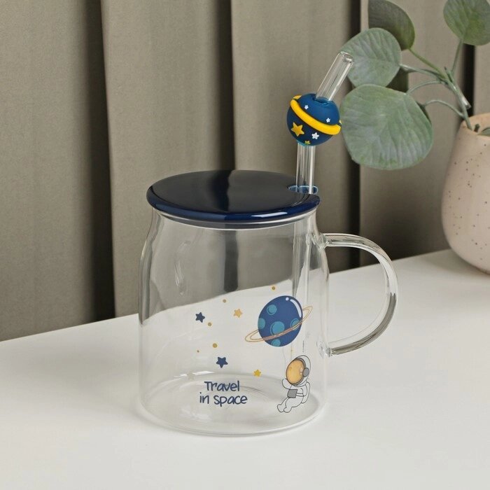 Кружка стеклянная с керамической крышкой и трубочкой «Космос», 500 мл, цвет МИКС от компании Интернет - магазин Flap - фото 1