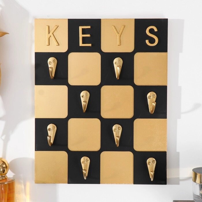 Крючки декоративные дерево "Шахматная доска" чёрно-золотая 20х3х25 см от компании Интернет - магазин Flap - фото 1