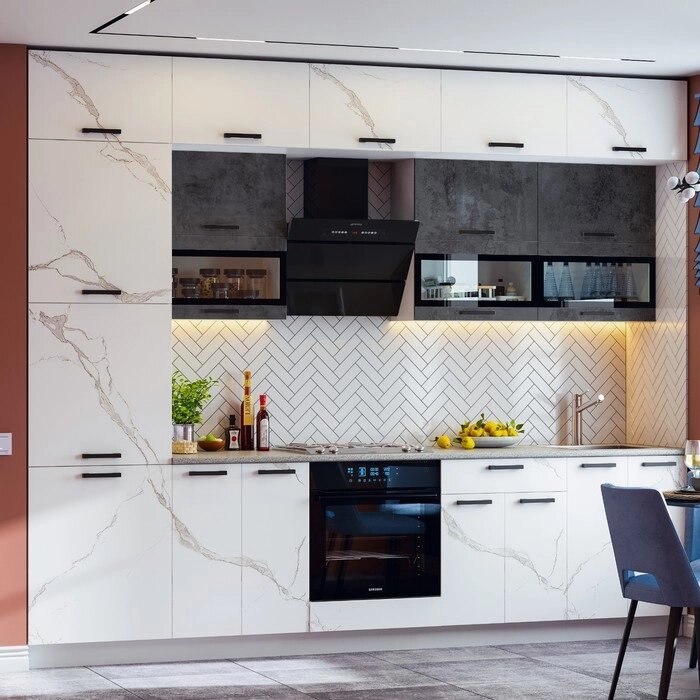 Кухня трехуровневая под потолок 3000 Техно, Мрамор белый/Бетон графит от компании Интернет - магазин Flap - фото 1