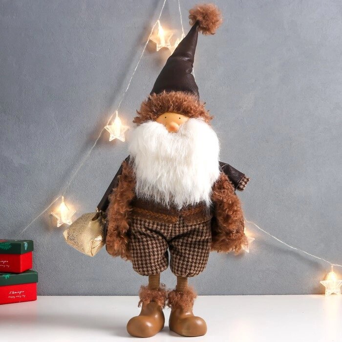Кукла интерьерная "Дед Мороз в коричневой шубке с мешком подарков" 27х14х62 см от компании Интернет - магазин Flap - фото 1