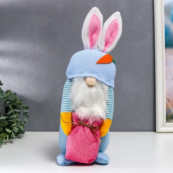 Кукла интерьерная "Гном в шапке с зайчьими ушами, с мешком" голубой 40х14 см от компании Интернет - магазин Flap - фото 1