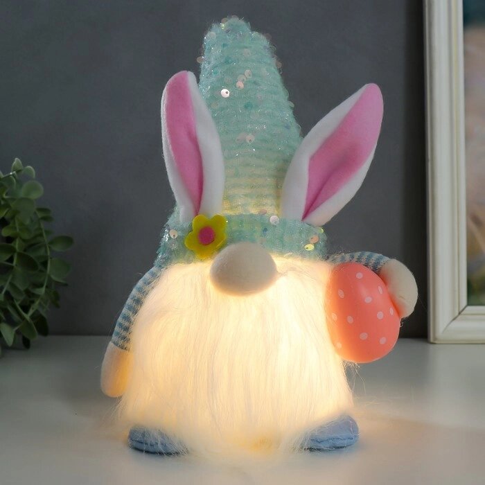Кукла интерьерная свет "Гном в колпаке с зайчьими ушами, пайетки" голубой 30х8х8 см от компании Интернет - магазин Flap - фото 1