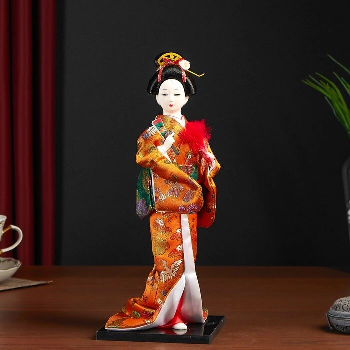 Кукла коллекционная "Гейша в оранжевом кимоно с веером" 22,5 см от компании Интернет - магазин Flap - фото 1