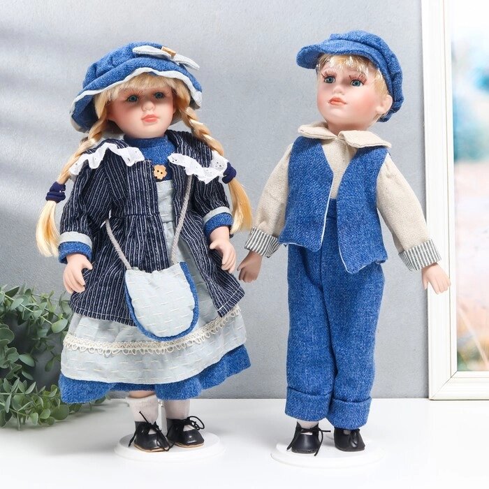 Кукла коллекционная парочка "Наташа и Саша, синий вельвет" набор 2 шт 40 см от компании Интернет - магазин Flap - фото 1
