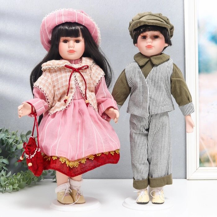Кукла коллекционная парочка "Юля и Игорь, розовая полоска" набор 2 шт 40 см от компании Интернет - магазин Flap - фото 1